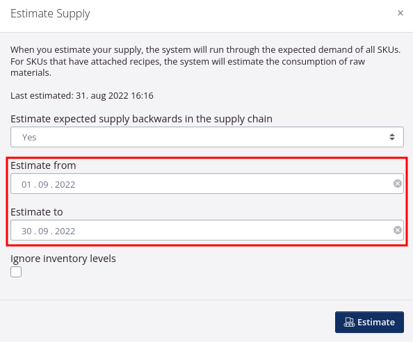 Select dates to limit the estimation of supply