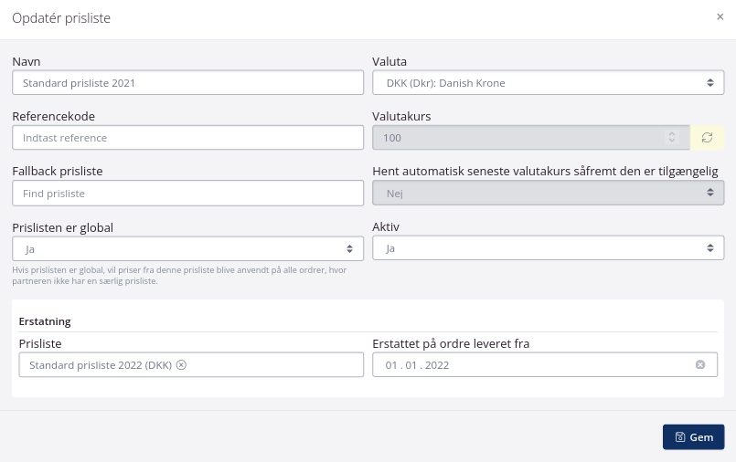 Opdater og erstat prisliste