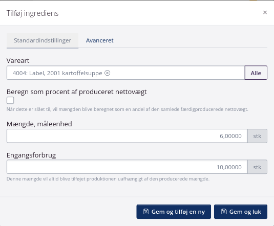 Tilføj ingrediens - standardindstillinger