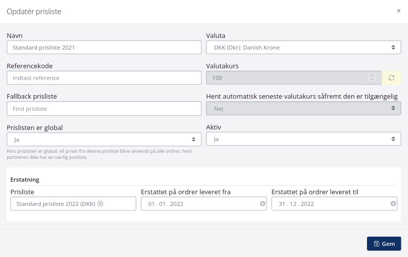 Opdater og erstat prisliste