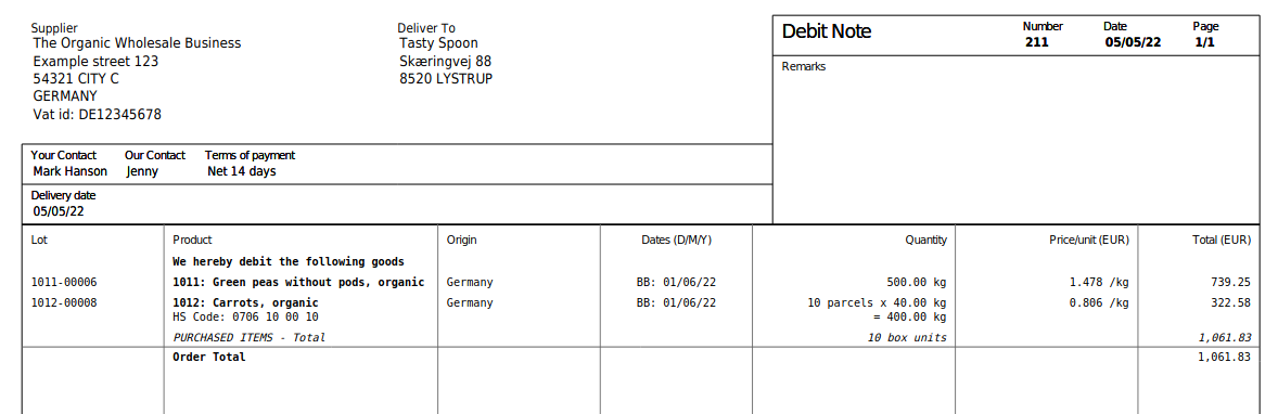 Example debit note