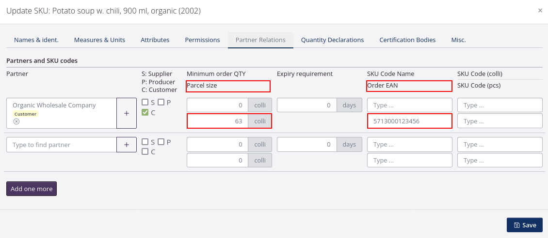 parcel settings and order EAN