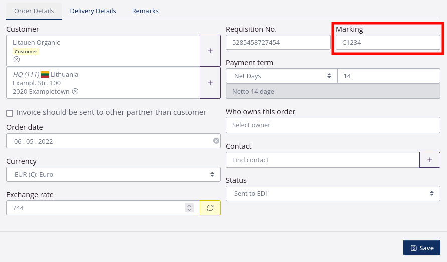 Example Marking order header