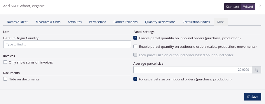 UoM setup parcel size ingoing