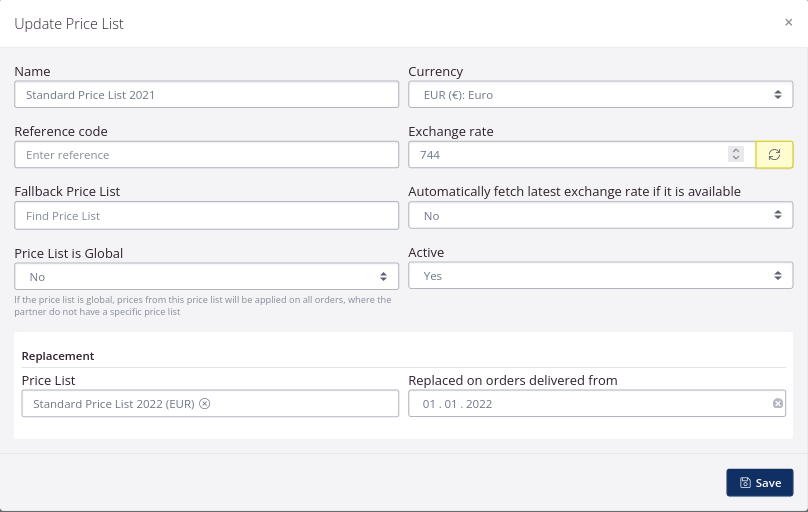 Update and replace price list