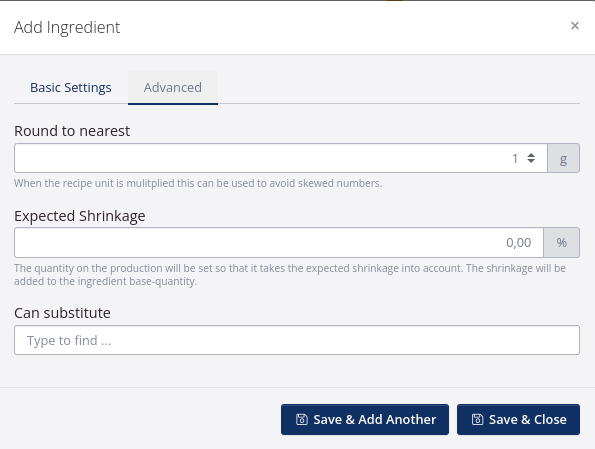 Add ingredient - Advanced