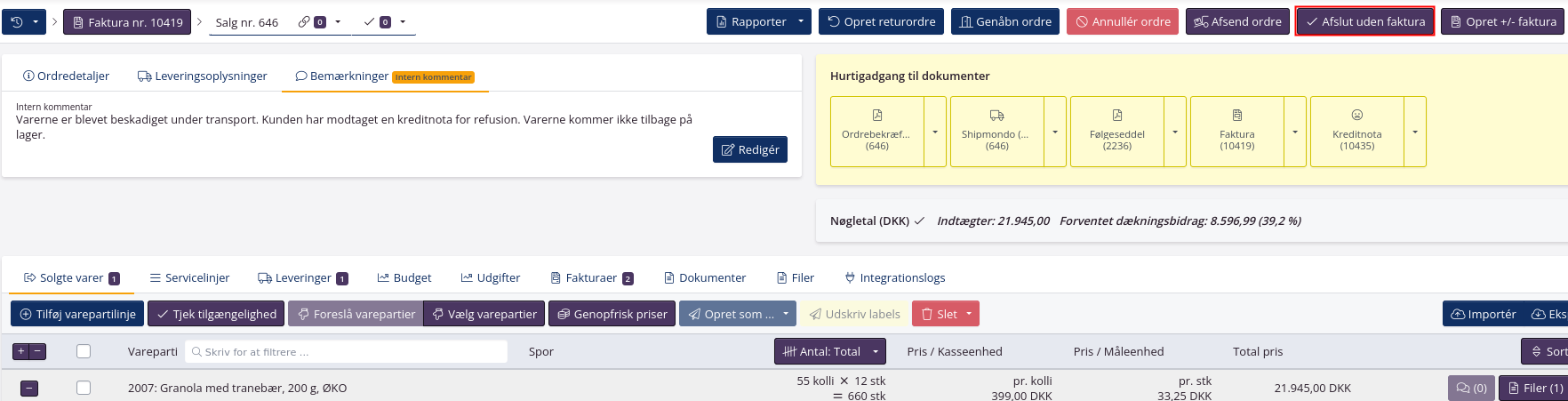 Avsluta beställningen utan faktura