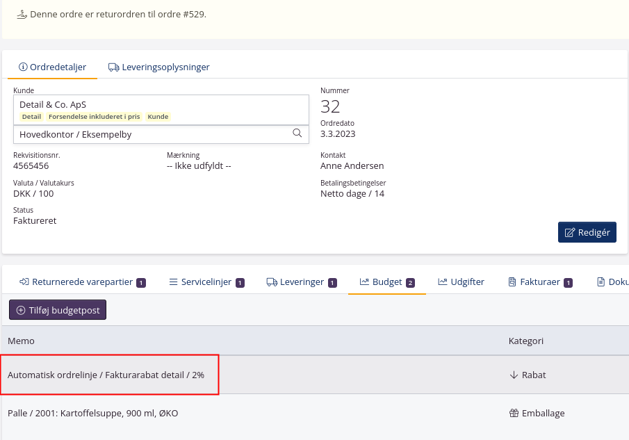 Eksempel på automatisk ordrelinje på returordre