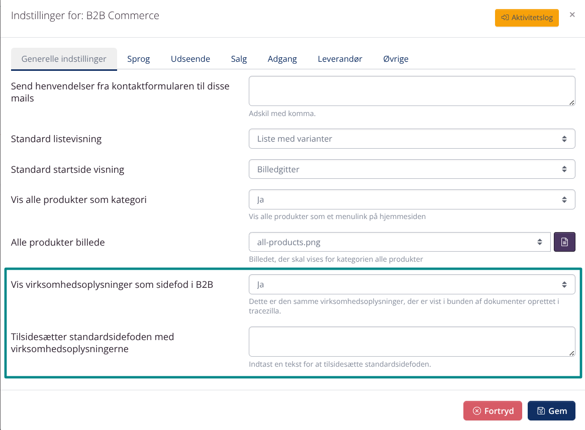 B2B Commerce: Footer indstillinger