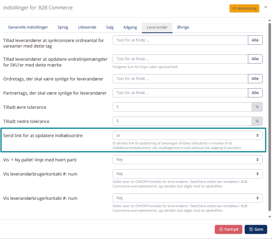 B2B: Link til at opdatere ordre