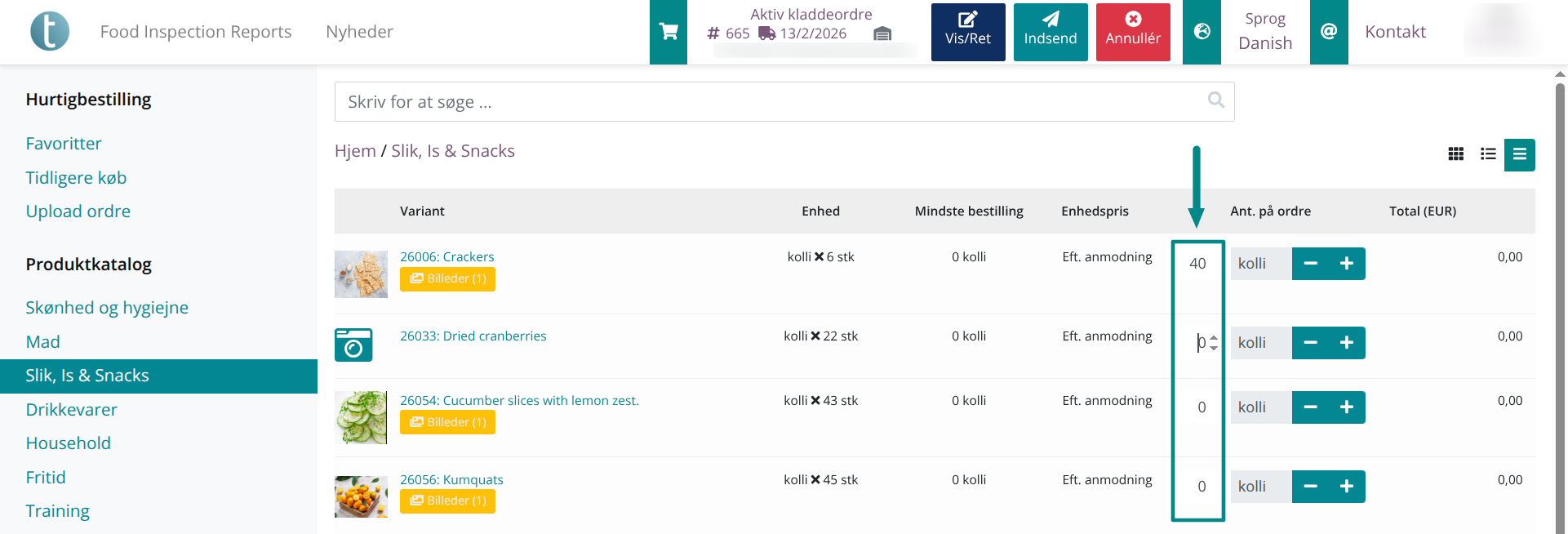Tabulering fungerer i B2B Commerce