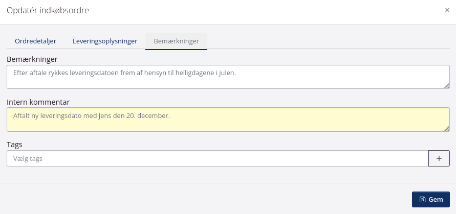 Tilføjelse af bemærkning til ordren