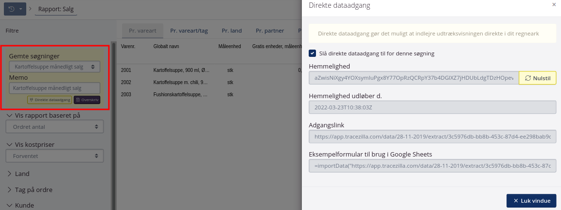 Del rapporter til Excel og Google Sheets