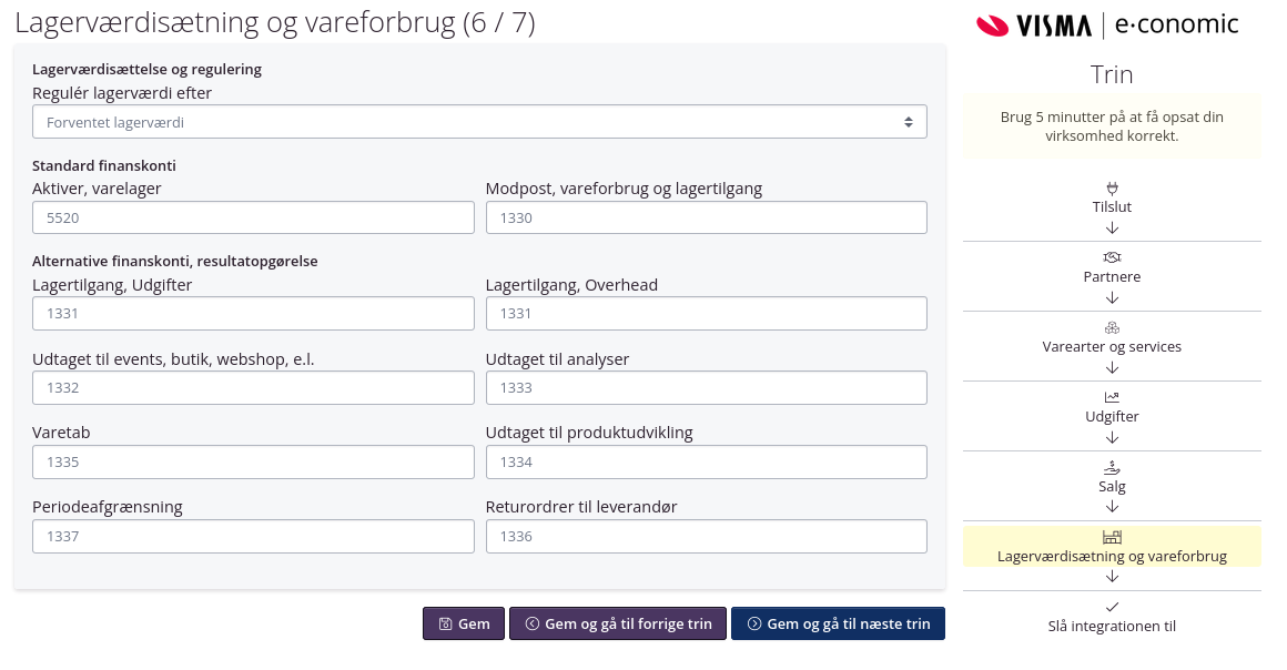 e-conomic integration opsætning af finanskonti til lagerværdi