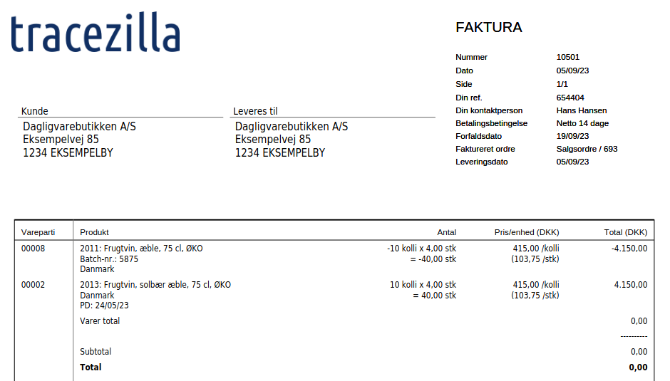 Eksempel på nul-faktura