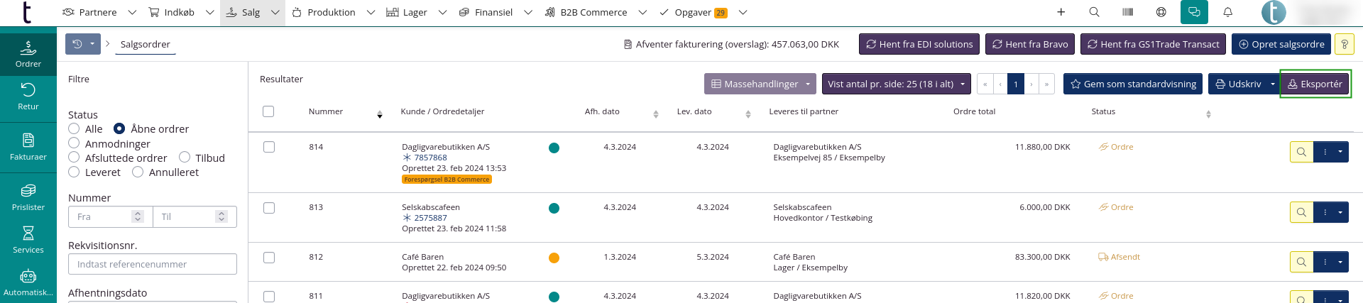 Eksportér fil for salgsordrer i salgsoversigten