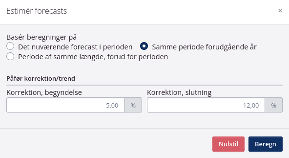 Vælg periode som forecast baseres på og tendens