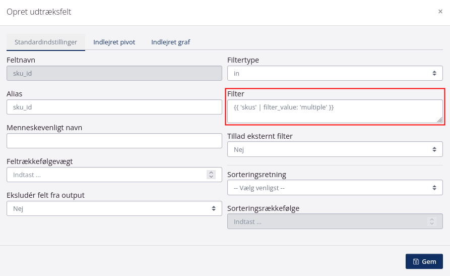 Felt i dataudtræk med filteret
