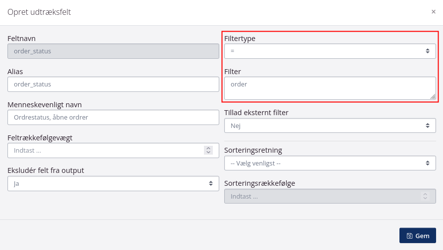 Ordrestatus filter i dataudtræk