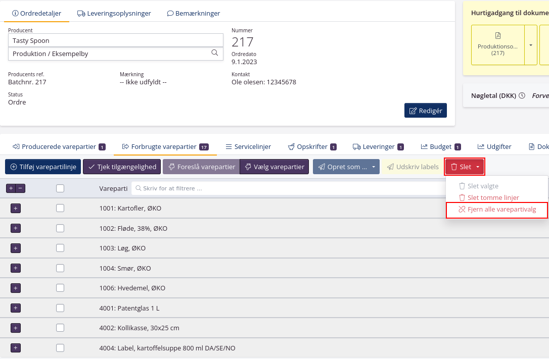 Fjern de valgte varepartier på produktionsordren