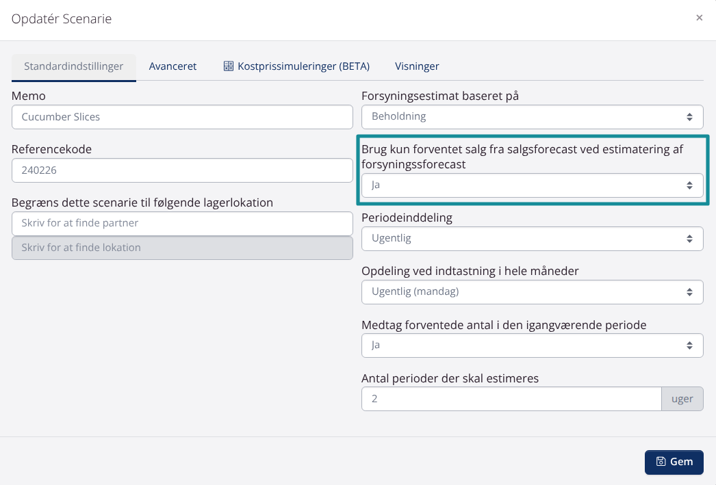 Brug forventet forecast ved estimering