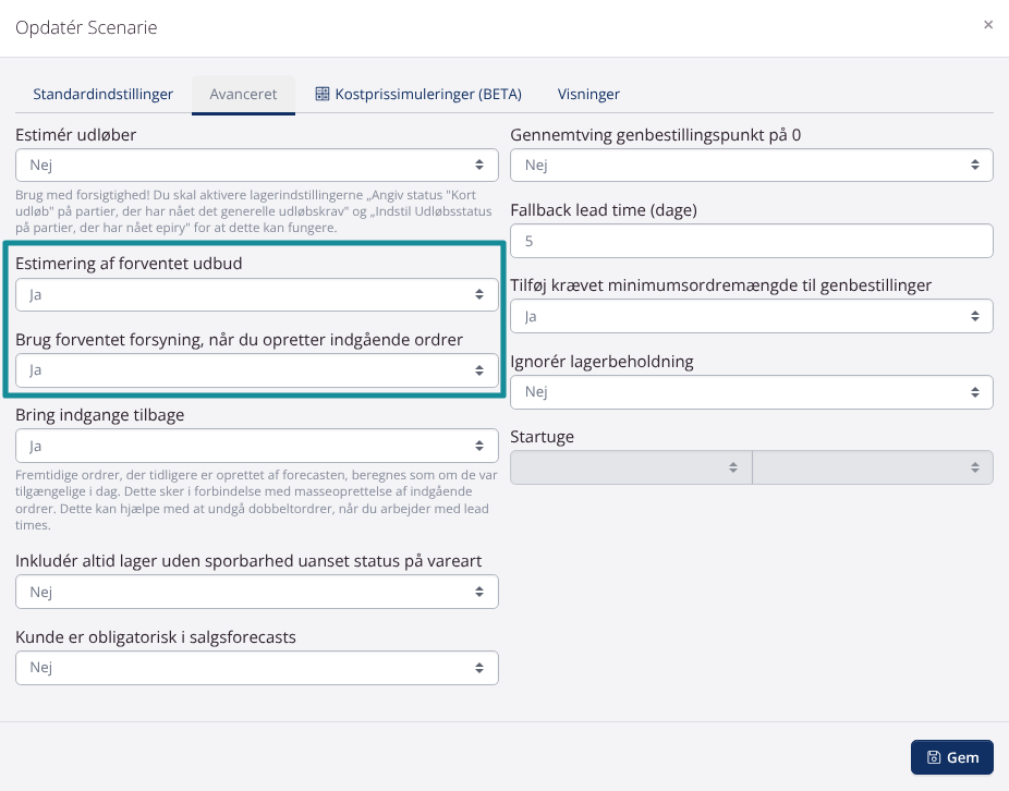 Nye forecastingindstillinger
