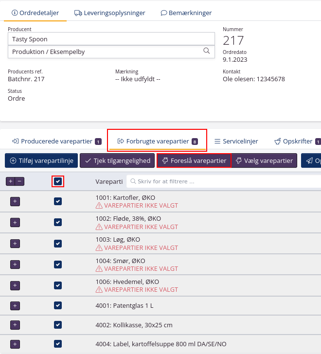 Foreslå varepartier på produktionsordren