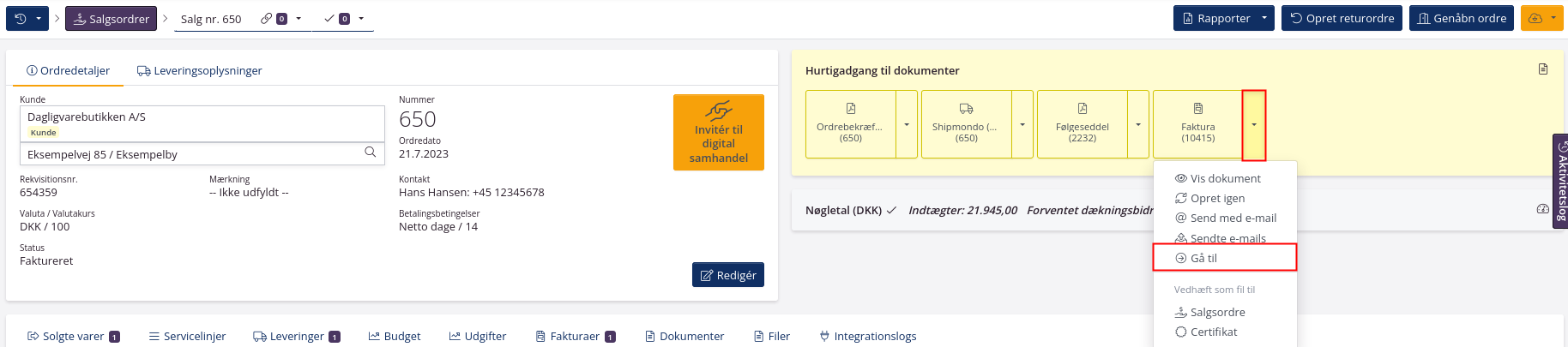 Gå til fakturavisning for at oprette kreditnota