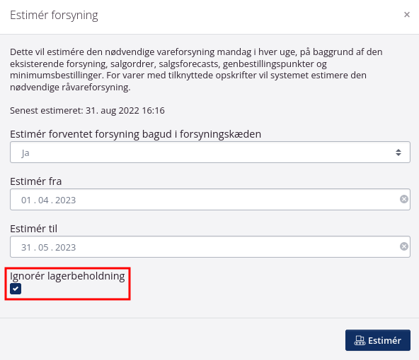 Se bort fra lagerbeholdning ved estimering