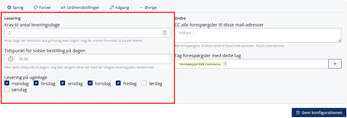 Leveringsindstillinger i B2B Commerce