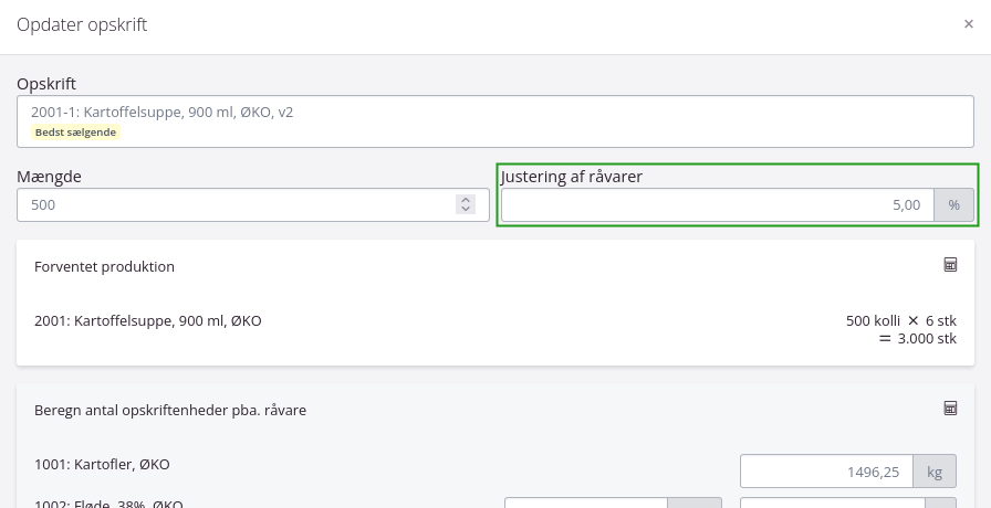 Justering af råvare mængder via opskriften på produktionsordren