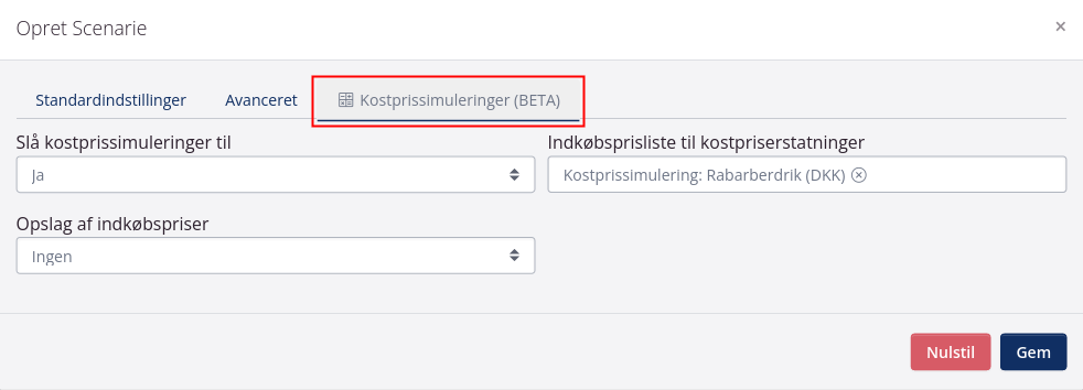 Kostprissimulering ved oprettelse af scenarie i forecasting