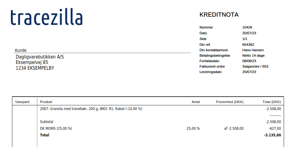 Kreditnota med en rabatlinje