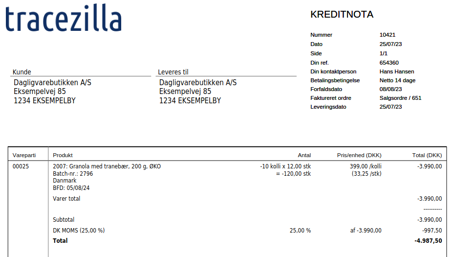 Kreditnota for justering af antal