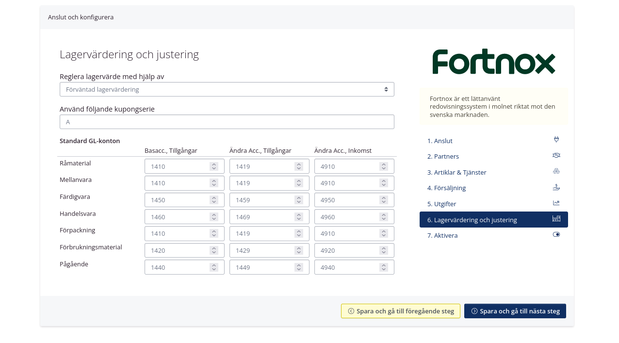 Överföring av lagervärde till Fortnox