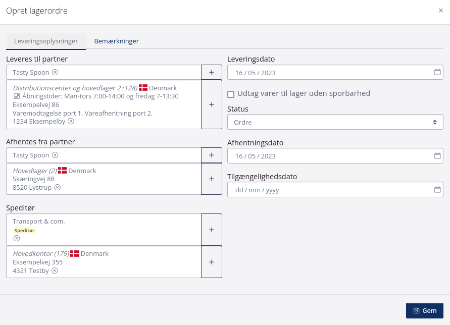 Opret lagerordre og udfyld leveringsoplysninger