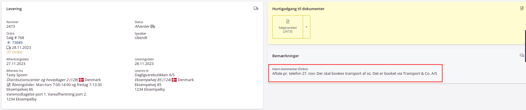 Ordre bemærkninger kommentarer vises på leveringssiden