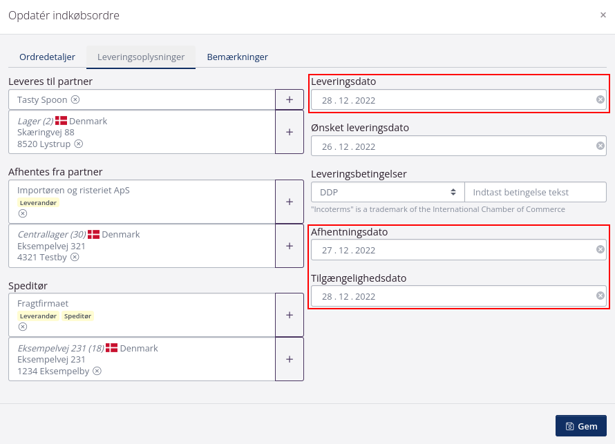 Opdatering af leveringsoplysninger