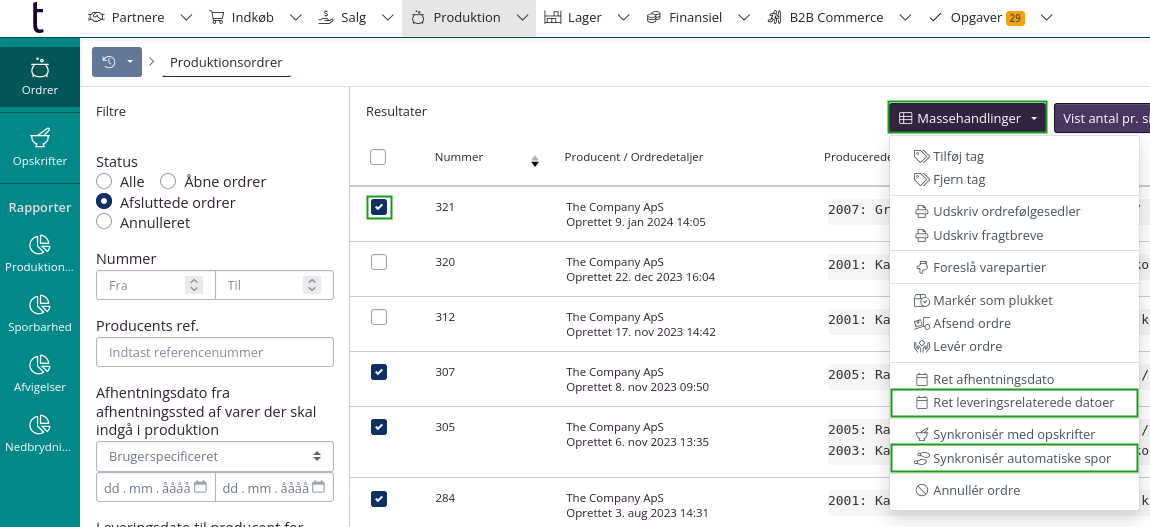 Massehandlinger i produktionslisten