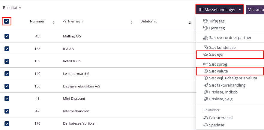 Sæt en ejer og valuta på partner via massehandlinger