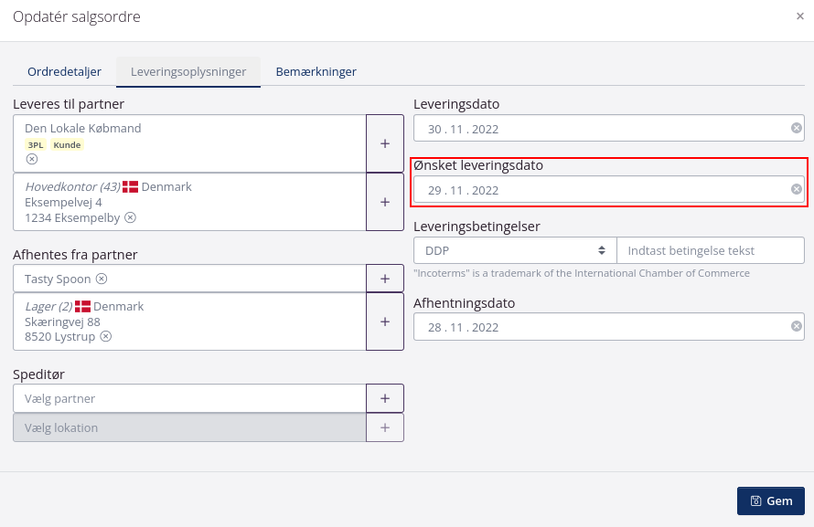 Opdatering af leveringsdato