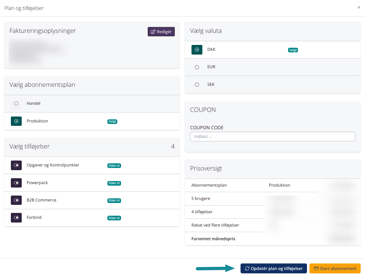 Opdater plan og tilføjelser