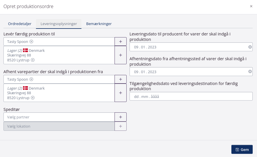 Eksempel leveringsoplysyninger på produktionsordre