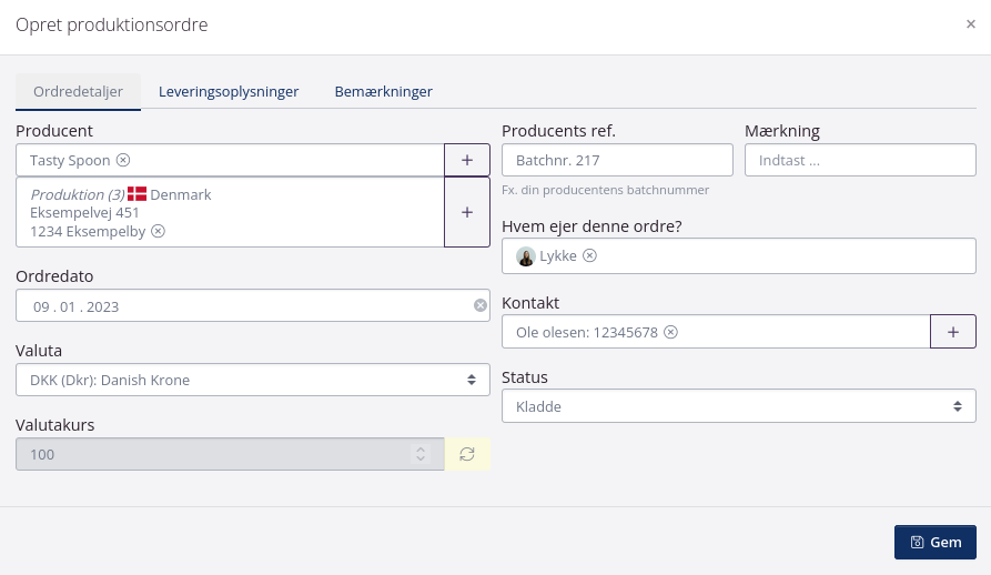 Eksempel ordredetaljer på produktionsordre