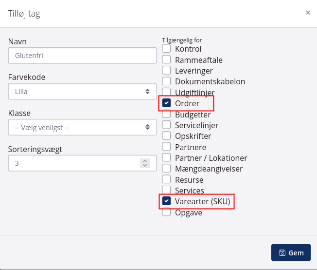 Opret tag tilgængelig for vareart og ordre f.eks. glutenfri, økologisk, vegansk