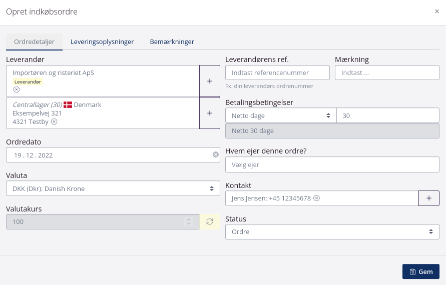 Opret indkøbsordre og udfyld ordredetaljer