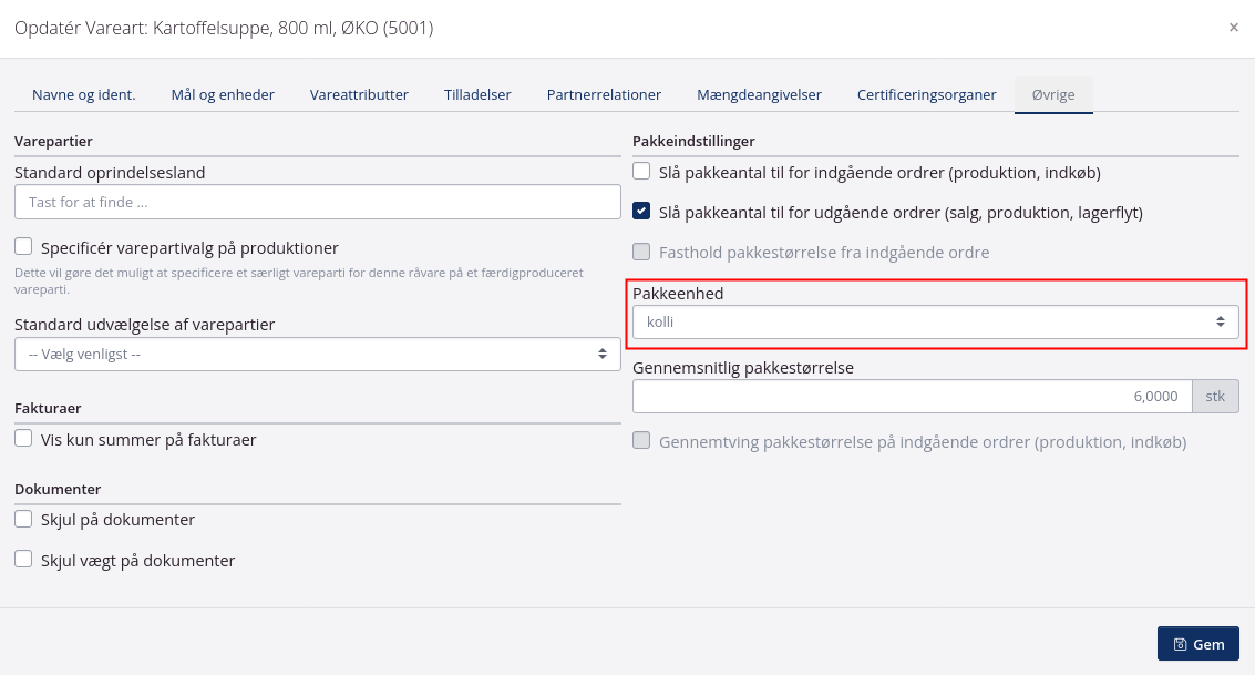 Pakkeenhed indstilling på vareart