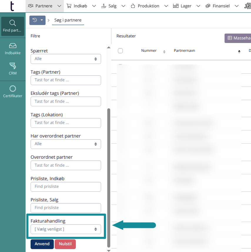 Partners: Filtrer på fakturahandling