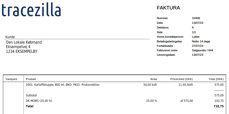 Eksempel på kreditnota for en priskorrektion