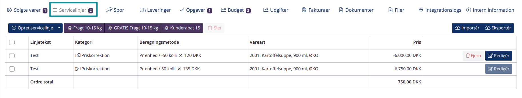 Opret priskorrektion: Linjer